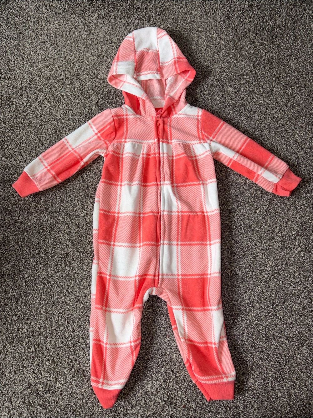 Carter's 9 month Baby Coral and White Plaid Hooded Fleece One-Piece Bodysuit